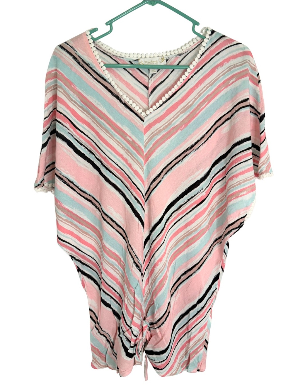 Weekend Suzanne Betro Striped V-Neck Tie Front Short Sleeve Tunic
